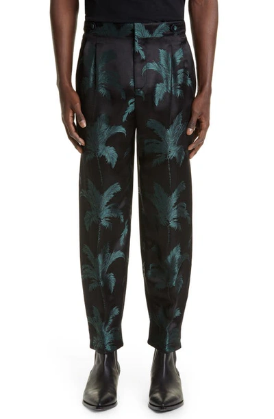 Saint Laurent Pleated Palm Jacquard Satin Pants In Peacock Noir