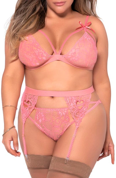 Mapalé Plus Size Strappy Lace Bra, Thong, & Garter 3pc Lingerie Set In Light Pink