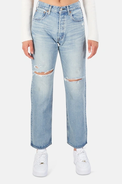 Moussy Teaneck Ripped Wide Straight Leg Jeans In Light Blue 111