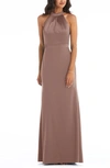 After Six High-neck Open-back Maxi Dress With Scarf Tie In Gold