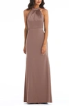 After Six High-neck Open-back Maxi Dress With Scarf Tie In Brown