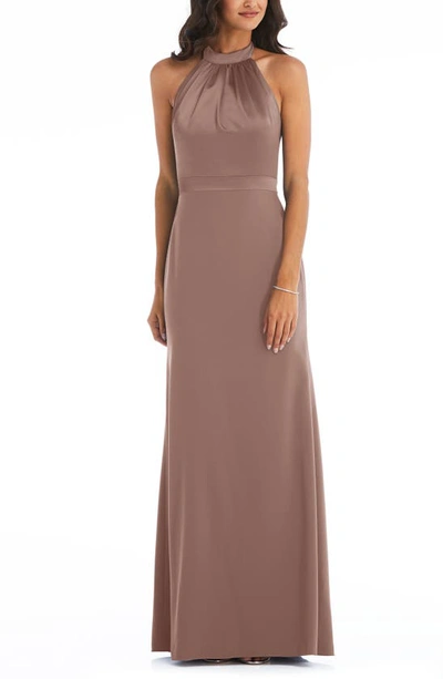After Six High-neck Open-back Maxi Dress With Scarf Tie In Brown