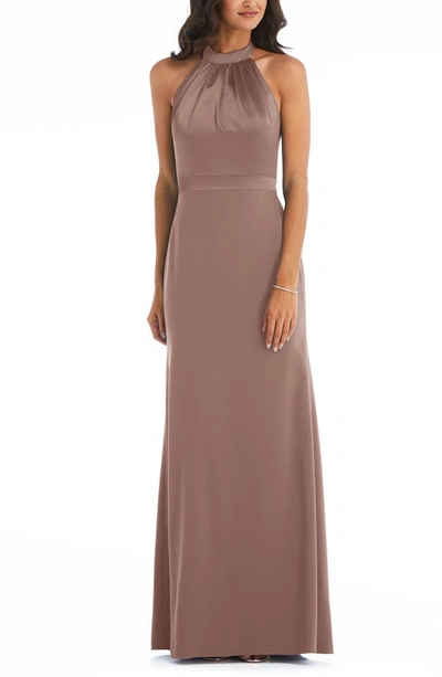 After Six High-neck Open-back Maxi Dress With Scarf Tie In Gold