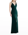 Lovely Neve Twist Strap Satin Charmeuse Gown In Evergreen