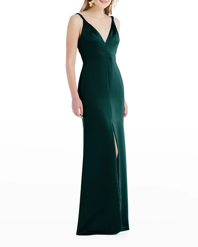 Lovely Neve Twist Strap Satin Charmeuse Gown In Evergreen