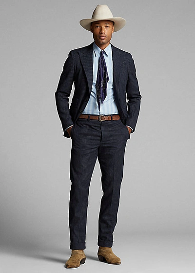 Double Rl Indigo Striped Herringbone Suit Jacket In Indigo White