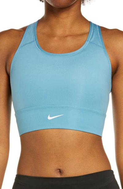 Nike Dri-fit Swoosh Women's Medium-support 1-piece Padded Longline Sports Bra In Cerulean/ White