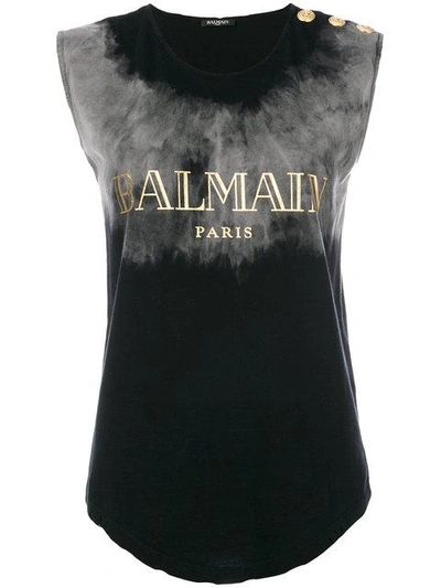 Balmain Branded Sleeveless T-shirt In Nero+grigiogrigio