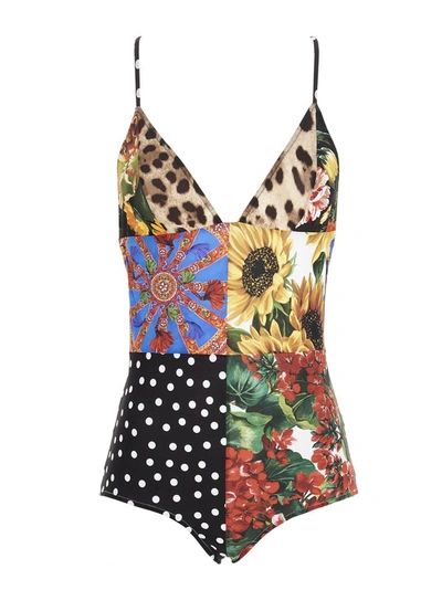 Dolce & Gabbana One Piece Swimsuit With Patchwork Print Mix In White/black/red/green/beige/yellow