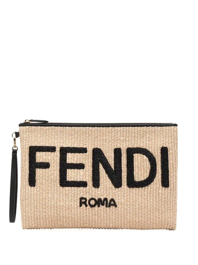 Fendi Logo Print Woven Clutch In Neutrals