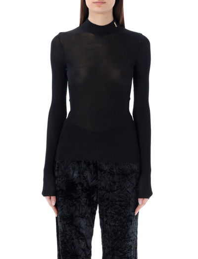 Saint Laurent Ribbed Silk Sweater W/ Ysl Monogram In Black