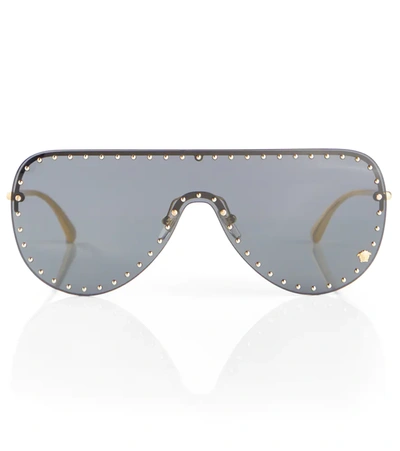 Versace Aviator-style Studded Gold-tone Sunglasses In Pale Gold/dark Blue