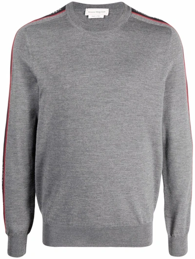 Alexander Mcqueen Logo Tape Crewneck Wool Sweater In Grey
