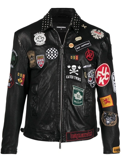 Dsquared2 Leather Biker Jacket W/ Patches & Studs In Black