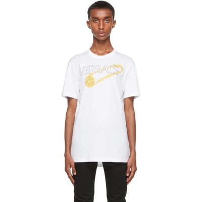 Versace Cotton T-shirt With Brooch And Logo Print In 1w000 White