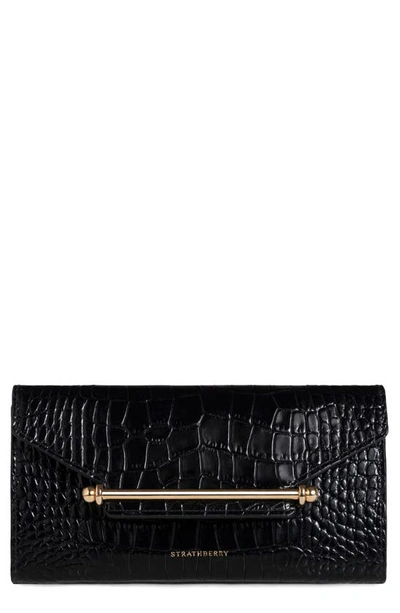 Strathberry Multrees Croc Embossed Leather Wallet On A Chain In Black