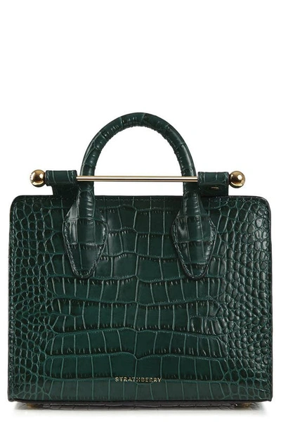 Strathberry Nano Croc Embossed Leather Tote In Bottle Green