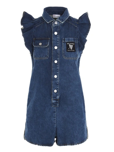 Red Valentino Redvalentino Ruffle Trim Denim Playsuit In Blue