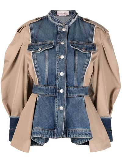 Alexander Mcqueen Puff-sleeves Panelled Denim Jacket In Blue