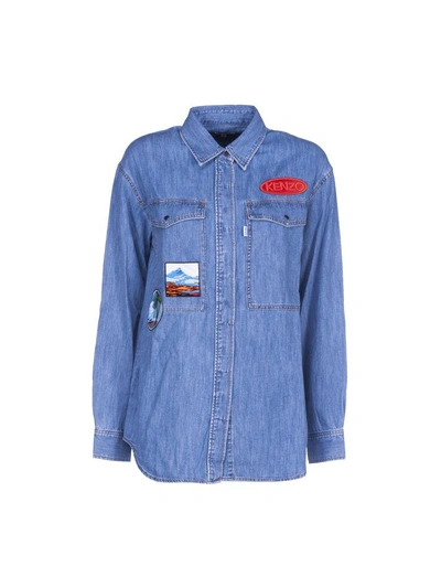 Kenzo Badges Denim-cotton Boyfriend Shirt In Blu Denim