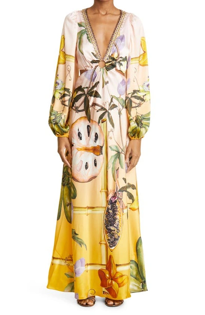 Camilla Crystal-embellished Gathered Floral-print Silk-satin Maxi Dress In Yellow