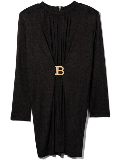 Balmain Kids' Logo-embellished Long-sleeve Dress In Black