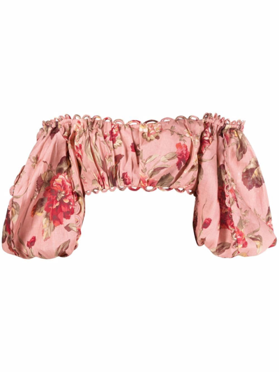 Zimmermann Cassia Cropped Scalloped Floral-print Linen Top In Musk Floral