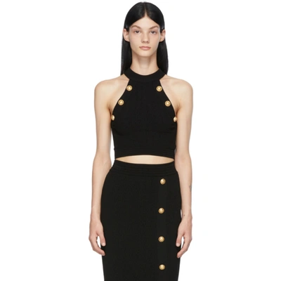 Balmain Black Knit Crop Top With Gold-tone Buttons In Nero