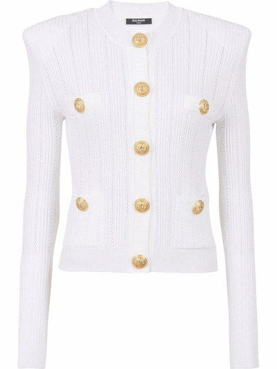 Balmain White Rib Knit Buttoned Cardigan