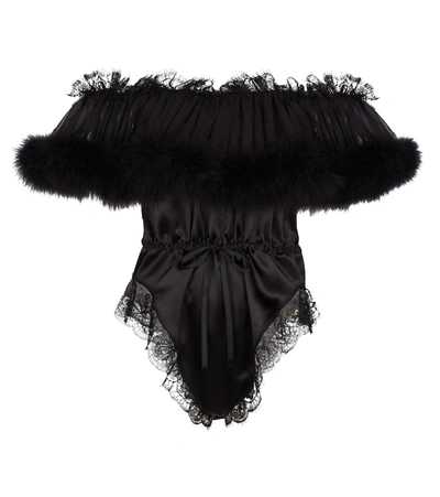 Saint Laurent Feather And Lace-trimmed Silk-satin And Chiffon Bodysuit In Black