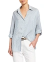 Brunello Cucinelli Striped Silk Boyfriend Shirt W/ Monili Trim In C014 Emeraldwhite