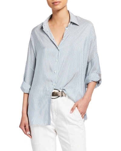 Brunello Cucinelli Striped Silk Boyfriend Shirt W/ Monili Trim In C014 Emeraldwhite