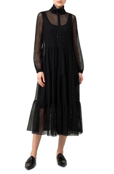 Akris Punto Mesh Tiered Long Sleeve Midi Dress In Black