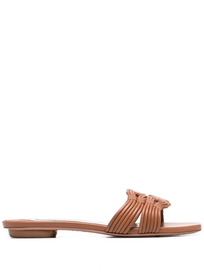 Aquazzura Noah Woven Leather Slide Sandals In Brown