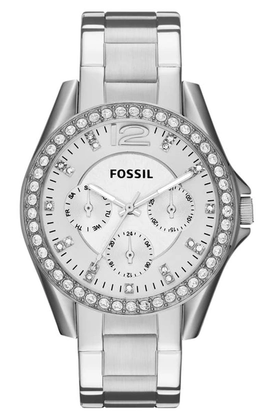 Fossil 'riley' Round Crystal Bezel Bracelet Watch, 38mm In Silver