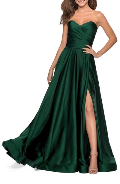 La Femme Pleated Bodice Strapless Satin Gown In Green