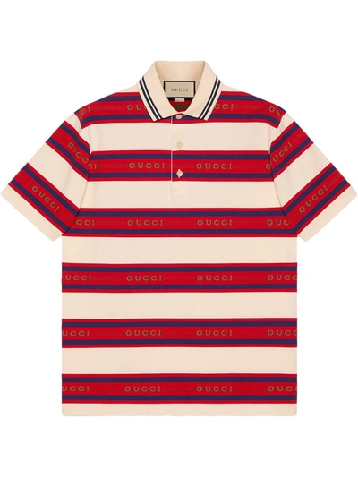 Gucci Striped Short-sleeved Cotton-jersey Polo Shirt In Ivory,red,blue