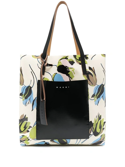 Marni Floral-print Shopper Tote Bag In Green,light Blue,black
