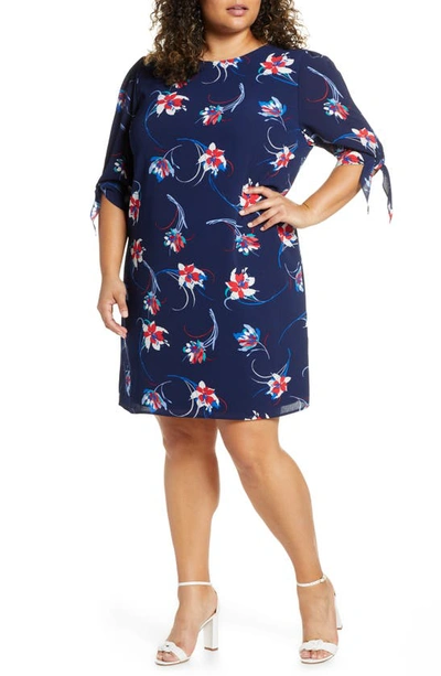 Kiyonna Manhattan Shift Dress In Navy Floral Motif