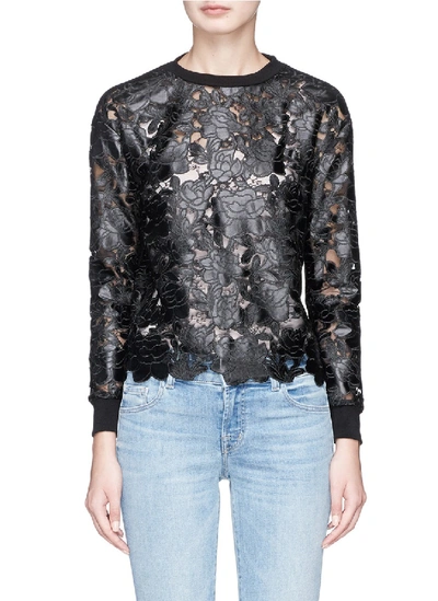 Alice And Olivia 'jesse' Faux Leather Floral Patch Lace Panelled Sweatshirt In Black