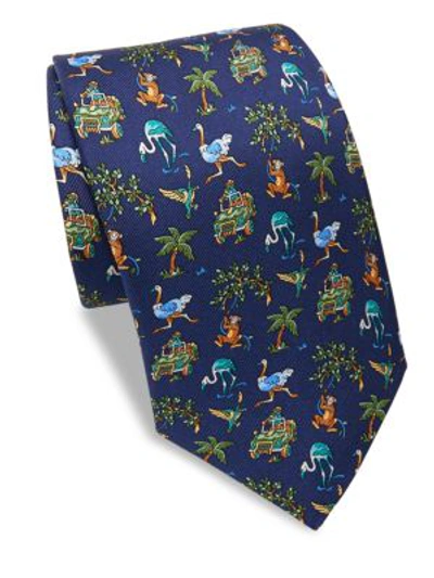 Ferragamo Jungle-print Silk Twill Tie, Navy In Blue Green