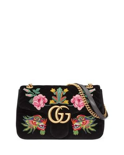 Gucci 110th Anniversary Gg Marmont Small Dragon Velvet Shoulder Bag In Black
