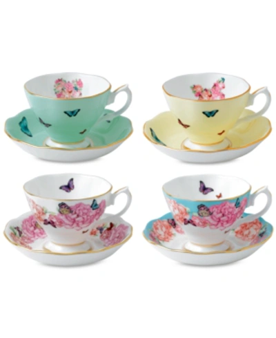 Royal Albert Miranda Kerr For  Mixed Pattern Teacup & Saucer Service For 4 In White, Rose And Green