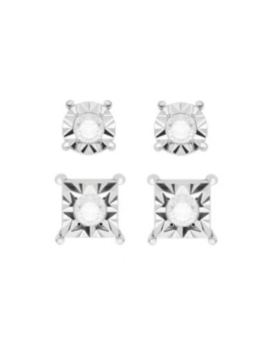 Macy's Diamond Round And Square Stud Earring Set ( 1/6 Ct. T.w.) In Sterling Silver