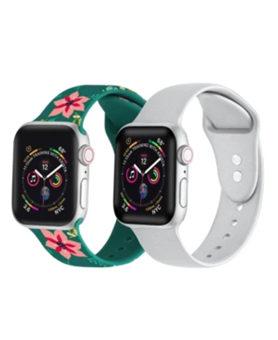 Posh Tech Men's And Women's Green Floral Silver-tone Metallic 2 Piece Silicone Band For Apple Watch 38mm In Multi