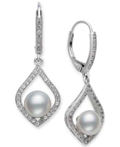 Belle De Mer Cultured Freshwater Pearl (7mm) & Cubic Zirconia Drop Earrings In Sterling Silver