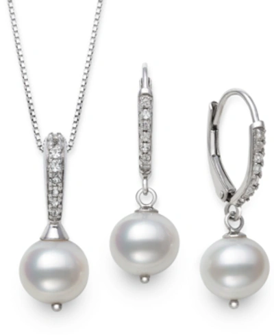 Belle De Mer 2-pc. Set Cultured Freshwater Pearl (7-1/2mm) & Cubic Zirconia Pendant Necklace & Matching Drop Earr In Sterling Silver