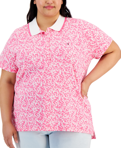 Tommy Hilfiger Plus Size Floral-print Polo Top, Created For Macy's In Pink