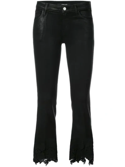 J Brand Selena Lace-trimmed Cropped Coated Mid-rise Flared Jeans In Black