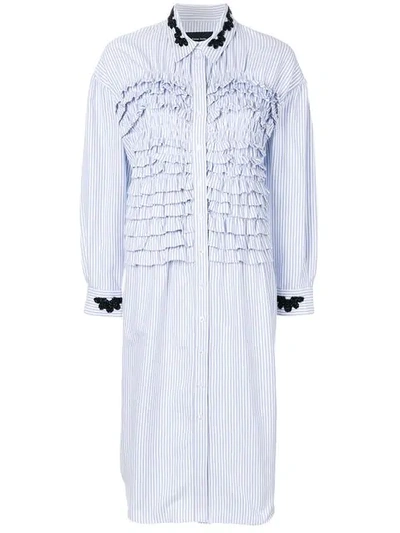 Simone Rocha Striped Shirt Dress With Beaded Embellishment And Ruffles In Blue/white/black